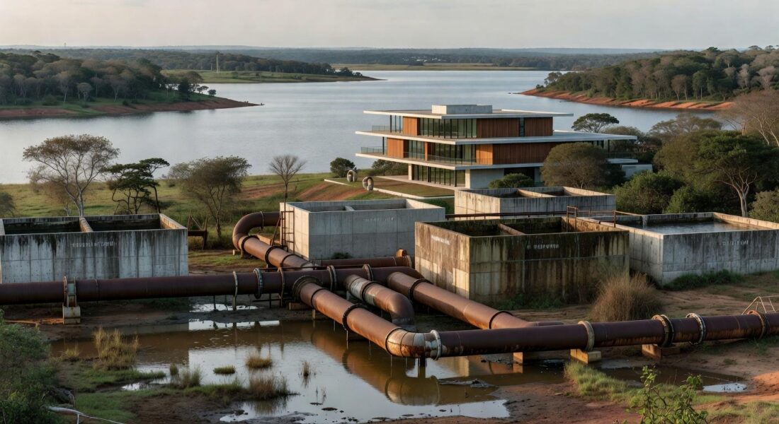 Obras hídricas tardias no Lago Sul, DF, com tubulações e reservatórios em área residencial moderna, destacando negligência.