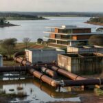 Obras hídricas tardias no Lago Sul, DF, com tubulações e reservatórios em área residencial moderna, destacando negligência.