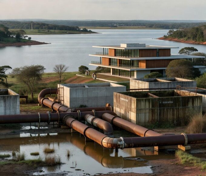 Obras hídricas tardias no Lago Sul, DF, com tubulações e reservatórios em área residencial moderna, destacando negligência.