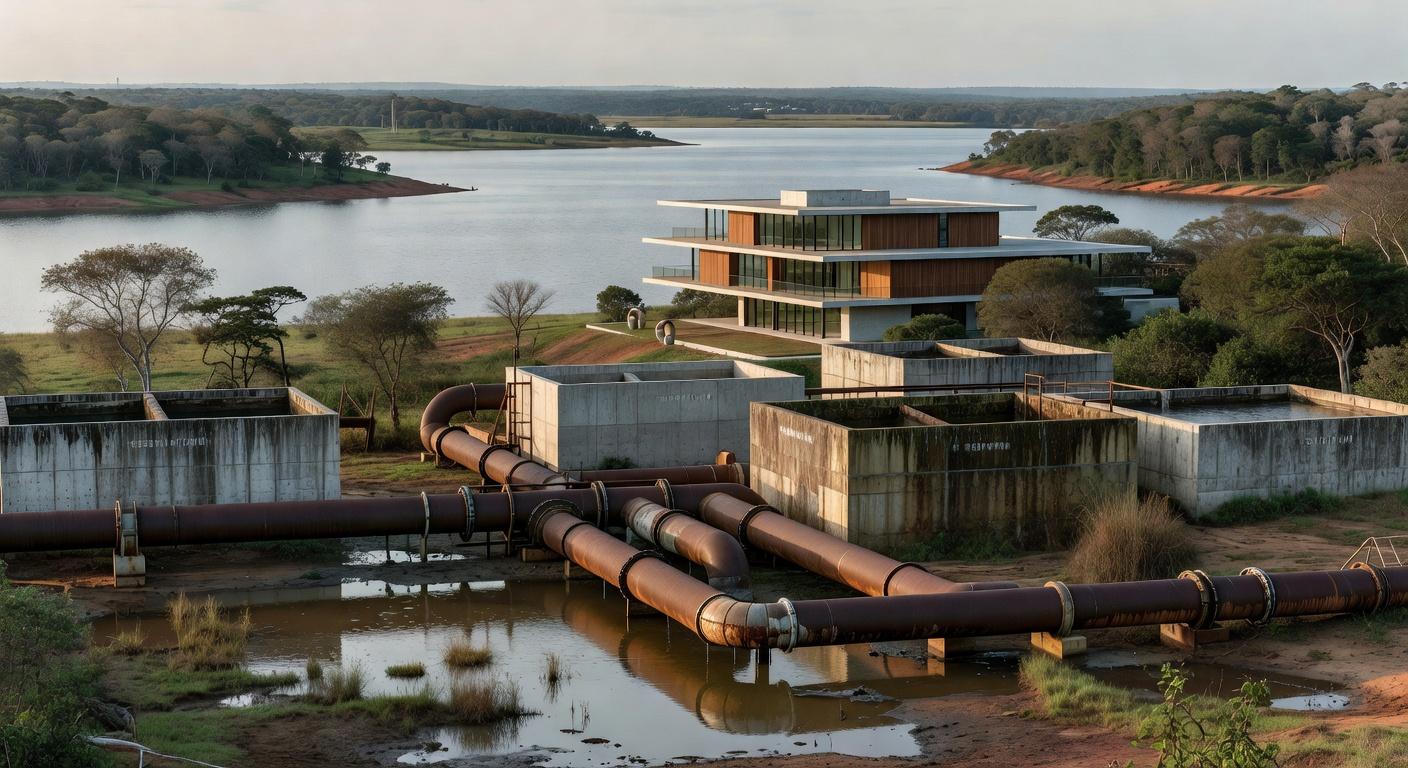 Obras hídricas tardias no Lago Sul, DF, com tubulações e reservatórios em área residencial moderna, destacando negligência.