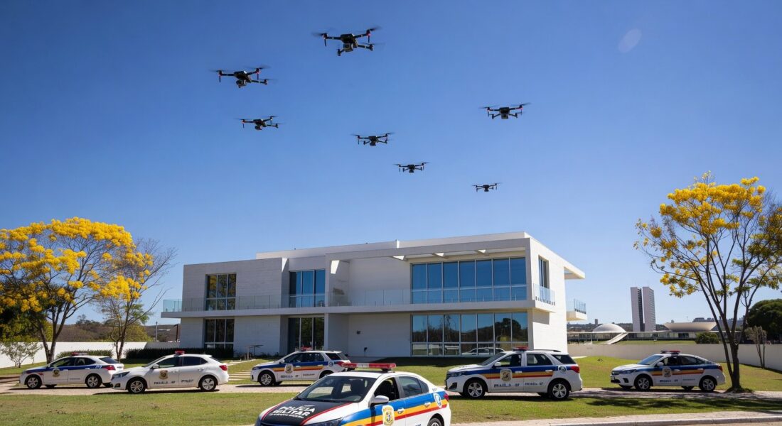 Drones voando sobre residência em Brasília com viaturas da PMDF ao redor.