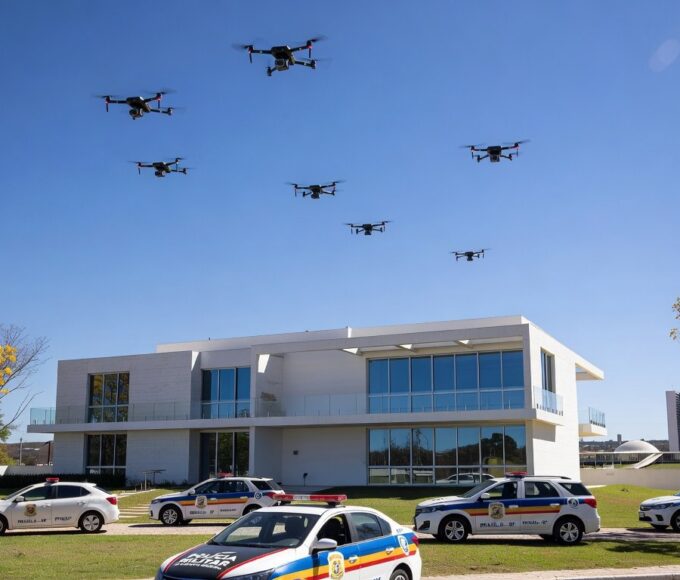 Drones voando sobre residência em Brasília com viaturas da PMDF ao redor.