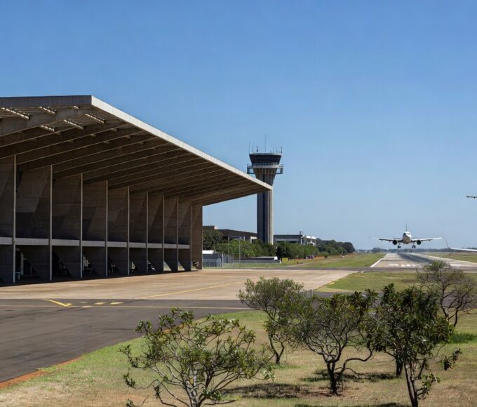 Aeroporto de Brasília com arquitetura moderna e aviões na pista, representando leilão governamental.