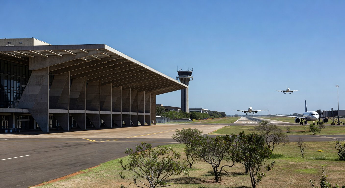 Aeroporto de Brasília com arquitetura moderna e aviões na pista, representando leilão governamental.