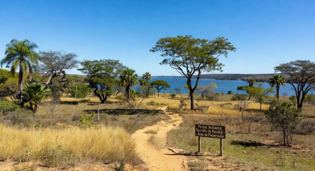 Paisagem da Serrinha do Paranoá em Brasília, com vegetação de cerrado e Lago Paranoá, anunciando parque ambiental.