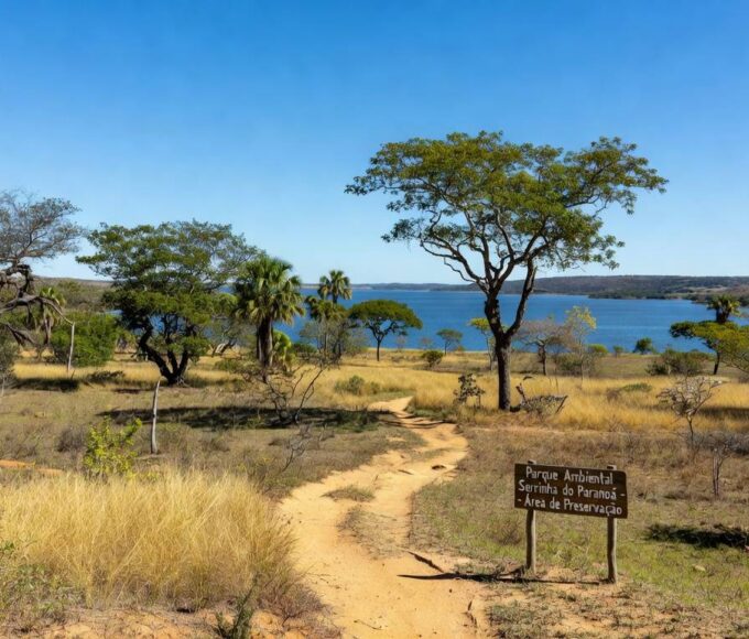 Paisagem da Serrinha do Paranoá em Brasília, com vegetação de cerrado e Lago Paranoá, anunciando parque ambiental.