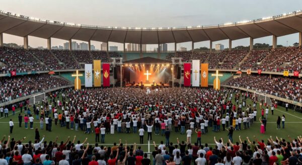 Multidão em evento evangélico no DF, com arquitetura de Brasília ao fundo.
