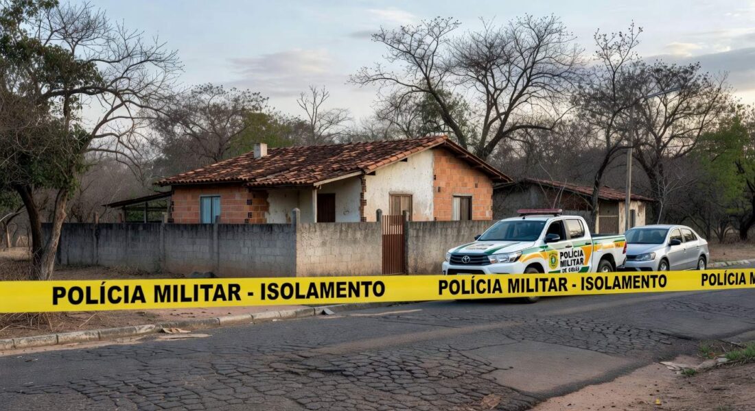 Cena de crime em casa residencial em Águas Lindas (GO), com fita de isolamento e viatura policial.