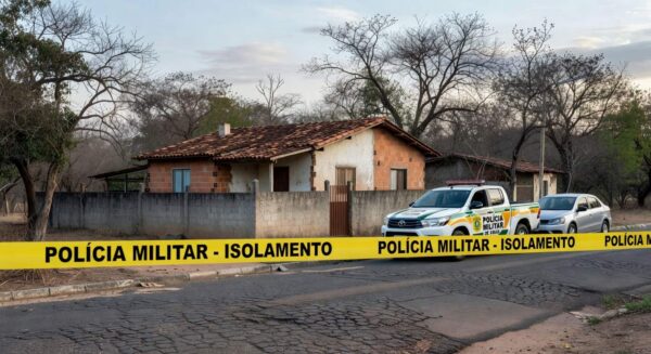 Cena de crime em casa residencial em Águas Lindas (GO), com fita de isolamento e viatura policial.