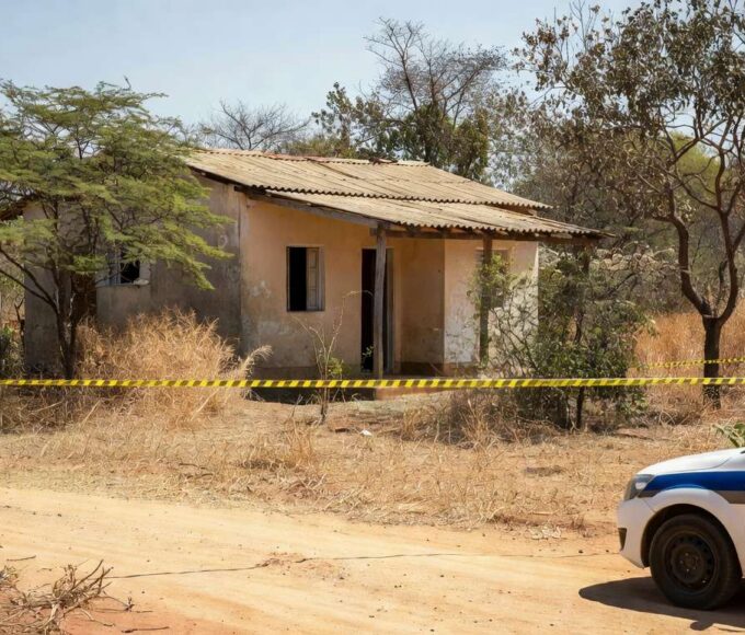 Cena de crime em residência em Águas Lindas, Goiás, com fita de isolamento policial e viatura da PM.