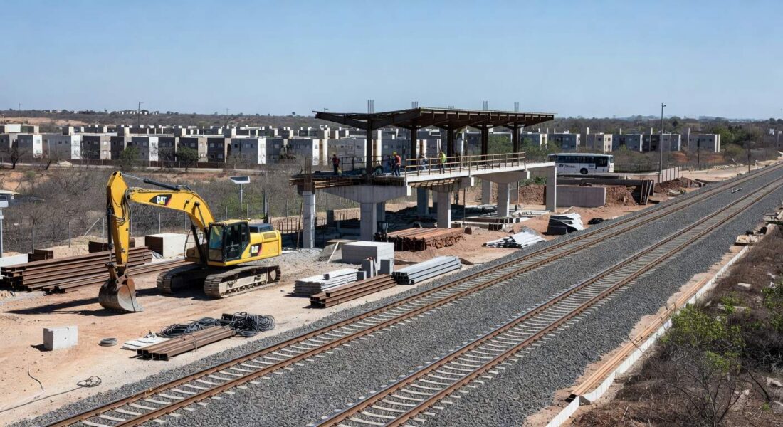 Obras de expansão da Linha 1 do Metrô-DF em Samambaia, com 23% de conclusão, mostrando trilhos e estruturas em construção.