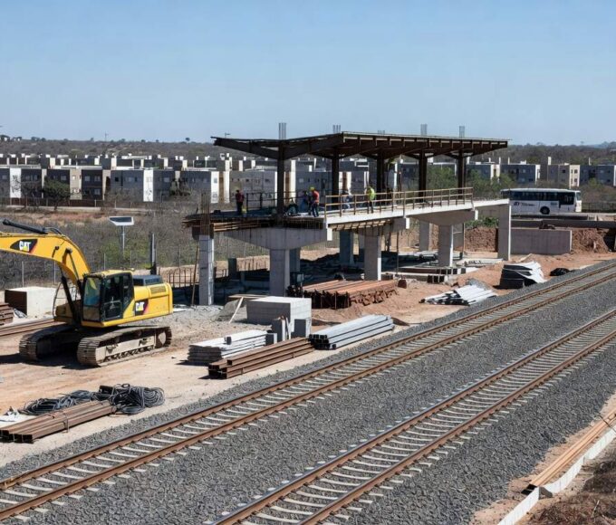 Obras de expansão da Linha 1 do Metrô-DF em Samambaia, com 23% de conclusão, mostrando trilhos e estruturas em construção.
