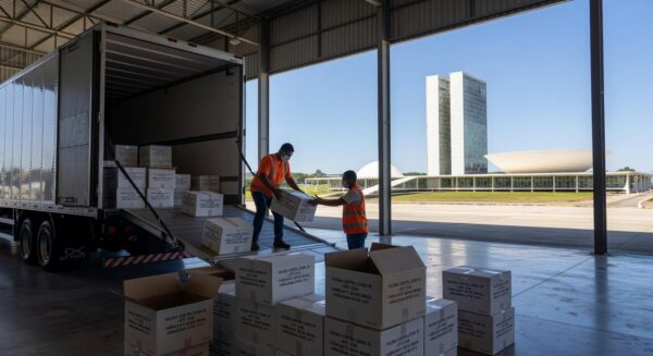 Caixas de vacinas contra Covid-19 chegando ao Distrito Federal do Ministério da Saúde.
