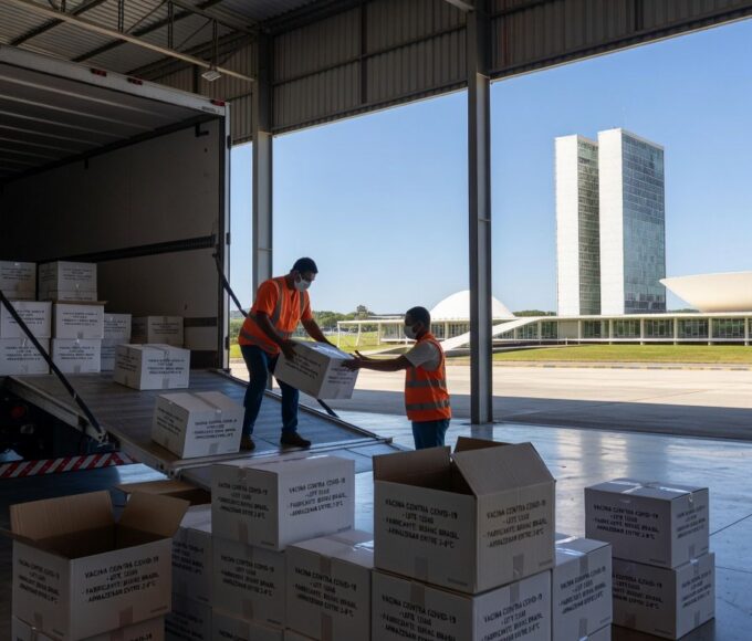 Caixas de vacinas contra Covid-19 chegando ao Distrito Federal do Ministério da Saúde.