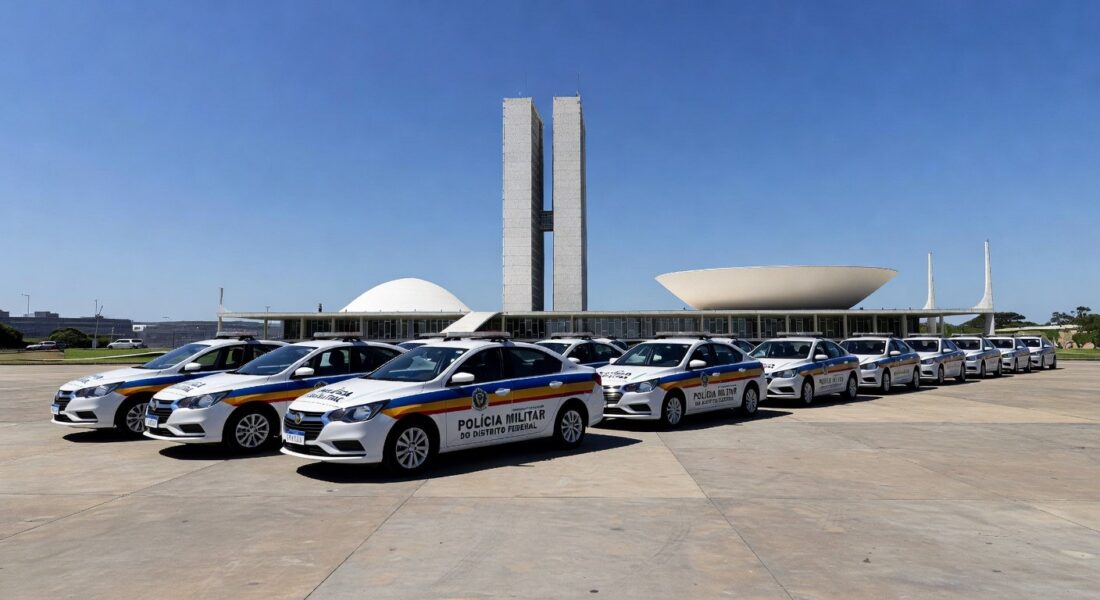 Viaturas policiais na Esplanada dos Ministérios em Brasília durante Operação Brasília Mais Segura.