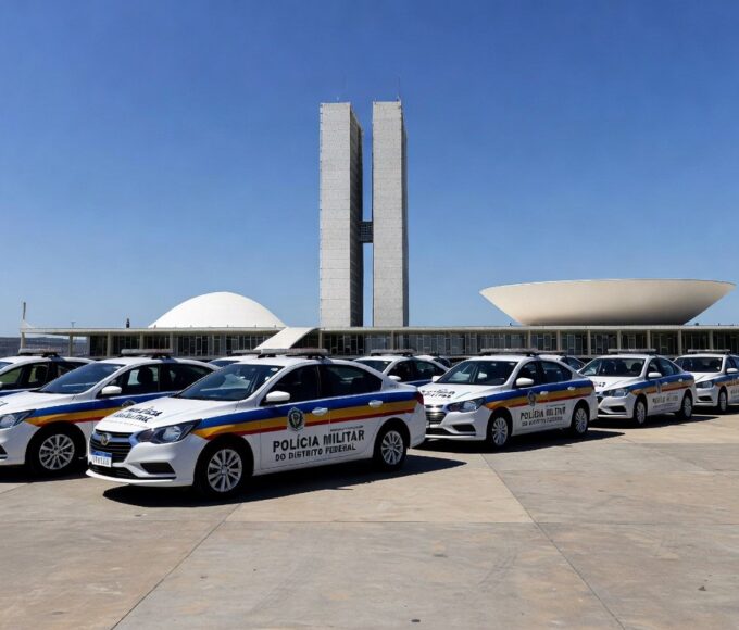 Viaturas policiais na Esplanada dos Ministérios em Brasília durante Operação Brasília Mais Segura.