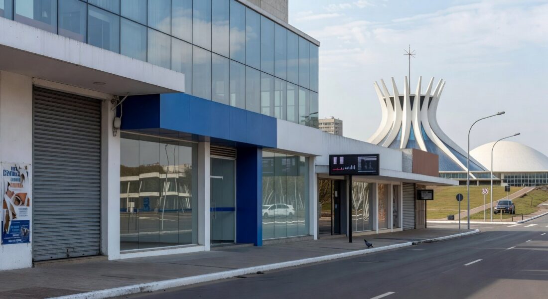 Rua comercial em Brasília representando desafios econômicos e planos para o comércio no DF.