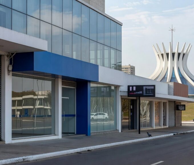 Rua comercial em Brasília representando desafios econômicos e planos para o comércio no DF.