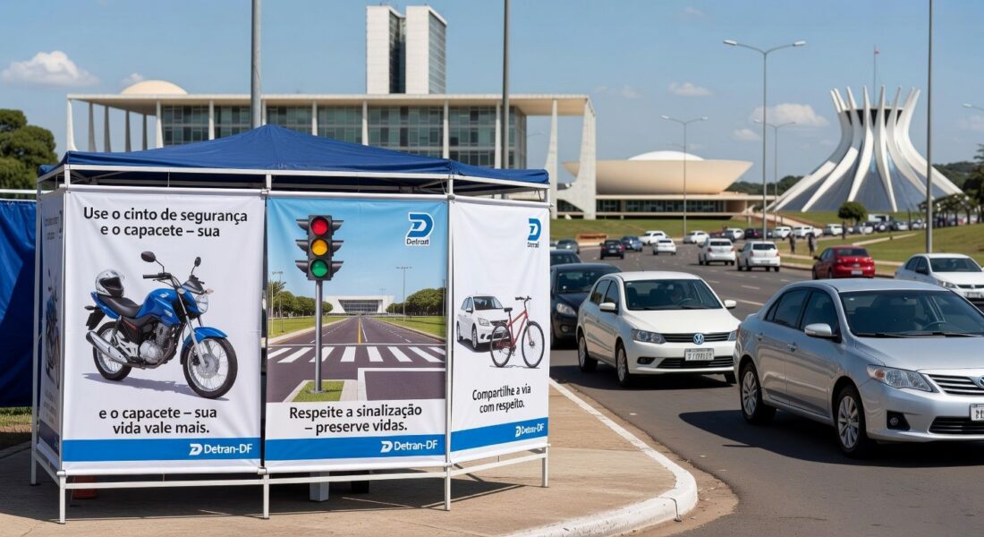 Ação educativa do Detran-DF em rua de Brasília, com estande e sinalizações de trânsito, promovendo segurança viária no Distrito Federal.