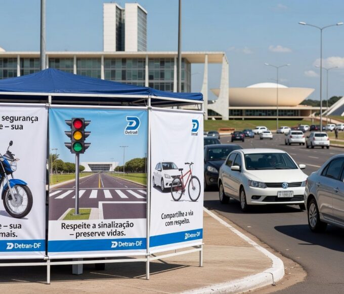Ação educativa do Detran-DF em rua de Brasília, com estande e sinalizações de trânsito, promovendo segurança viária no Distrito Federal.