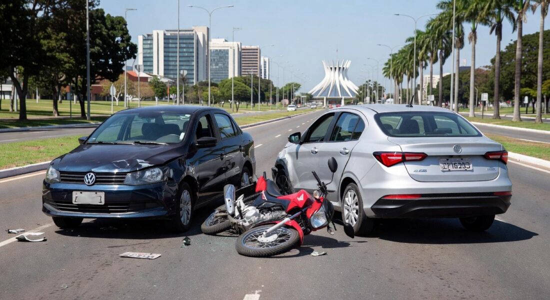 Cena de acidente de trânsito com colisão frontal entre carros e motocicleta no Eixo Rodoviário Sul, em Brasília.