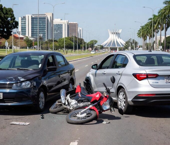 Cena de acidente de trânsito com colisão frontal entre carros e motocicleta no Eixo Rodoviário Sul, em Brasília.