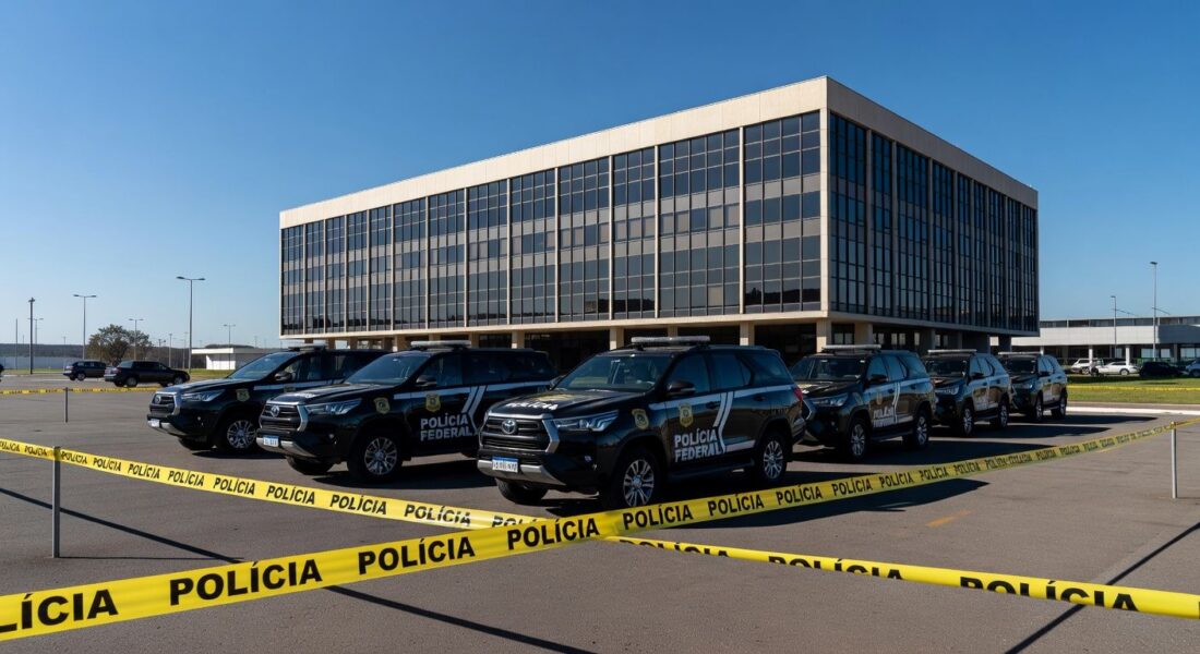Viaturas da Polícia Federal em operação em frente ao Banco de Brasília, com fitas de isolamento.