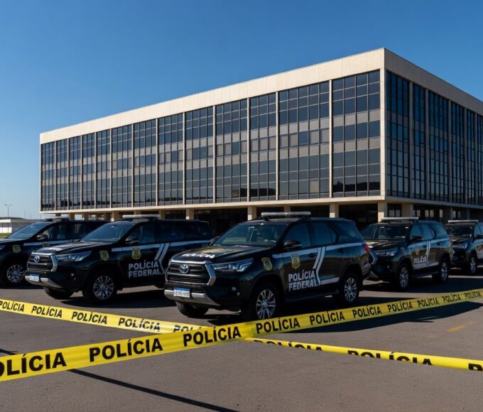 Viaturas da Polícia Federal em operação em frente ao Banco de Brasília, com fitas de isolamento.