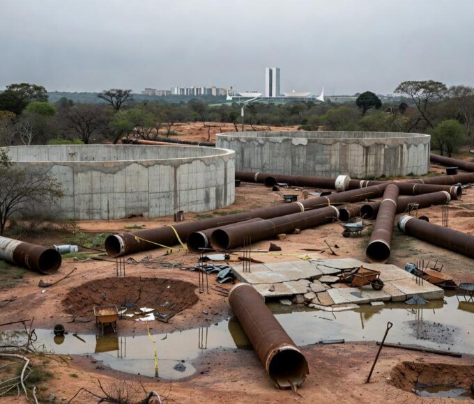 Obras de combate à escassez hídrica no DF, com canteiro de construção e paisagem seca em Brasília.