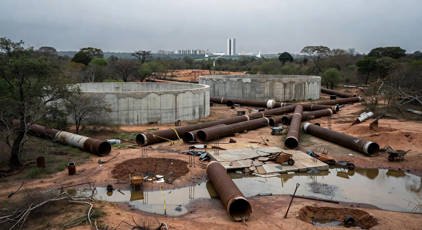 Obras de combate à escassez hídrica no DF, com canteiro de construção e paisagem seca em Brasília.