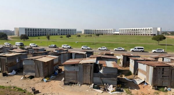 Área de favela na 913 Sul em Brasília durante desocupação pelo GDF, com barracos e veículos oficiais no Plano Piloto.