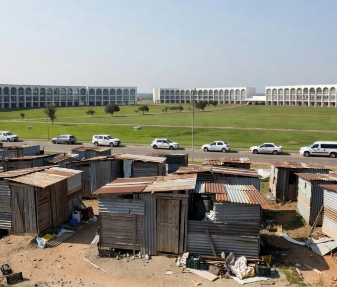 Área de favela na 913 Sul em Brasília durante desocupação pelo GDF, com barracos e veículos oficiais no Plano Piloto.