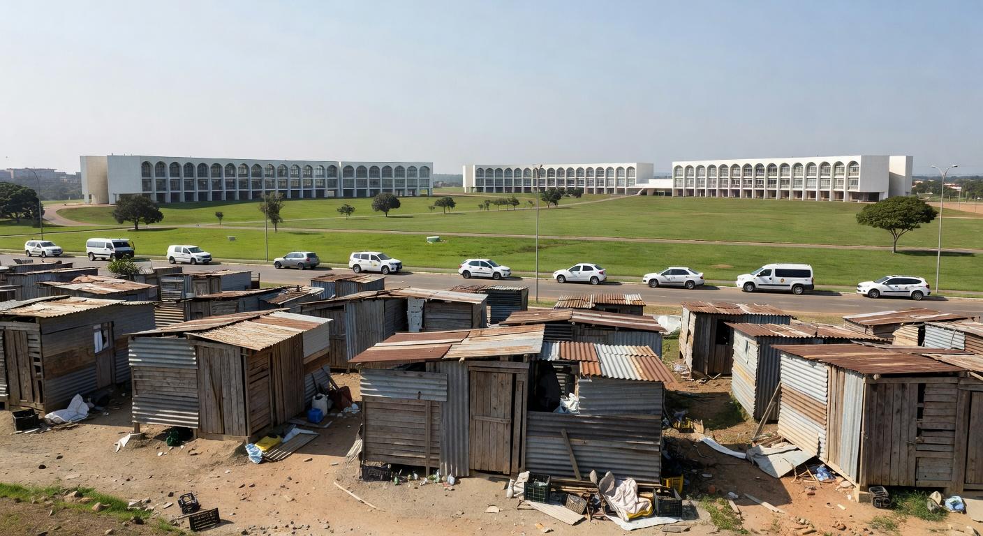 Área de favela na 913 Sul em Brasília durante desocupação pelo GDF, com barracos e veículos oficiais no Plano Piloto.