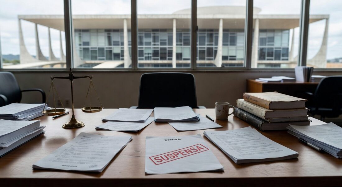 Mesa com documentos de portaria suspensa e símbolos de igualdade salarial para professores no DF, ao fundo arquitetura de Brasília.