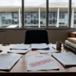 Mesa com documentos de portaria suspensa e símbolos de igualdade salarial para professores no DF, ao fundo arquitetura de Brasília.