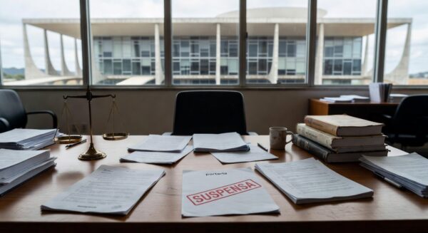 Mesa com documentos de portaria suspensa e símbolos de igualdade salarial para professores no DF, ao fundo arquitetura de Brasília.