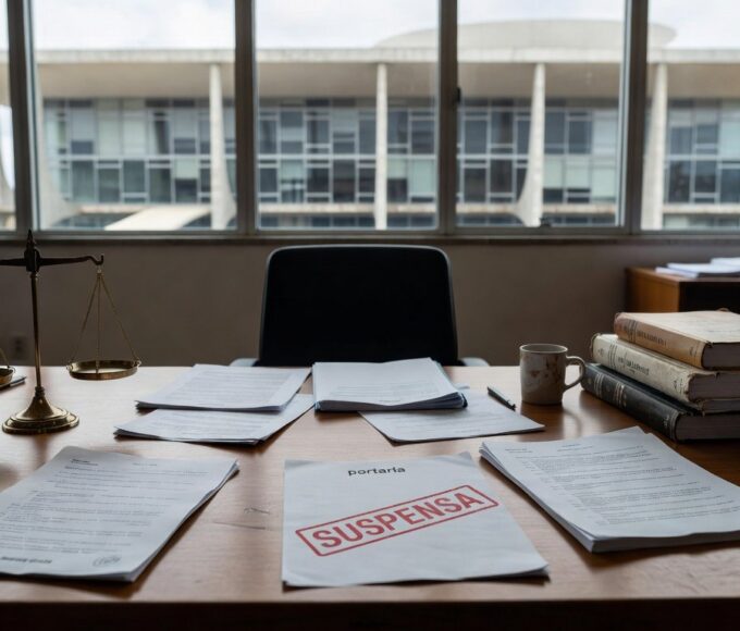 Mesa com documentos de portaria suspensa e símbolos de igualdade salarial para professores no DF, ao fundo arquitetura de Brasília.
