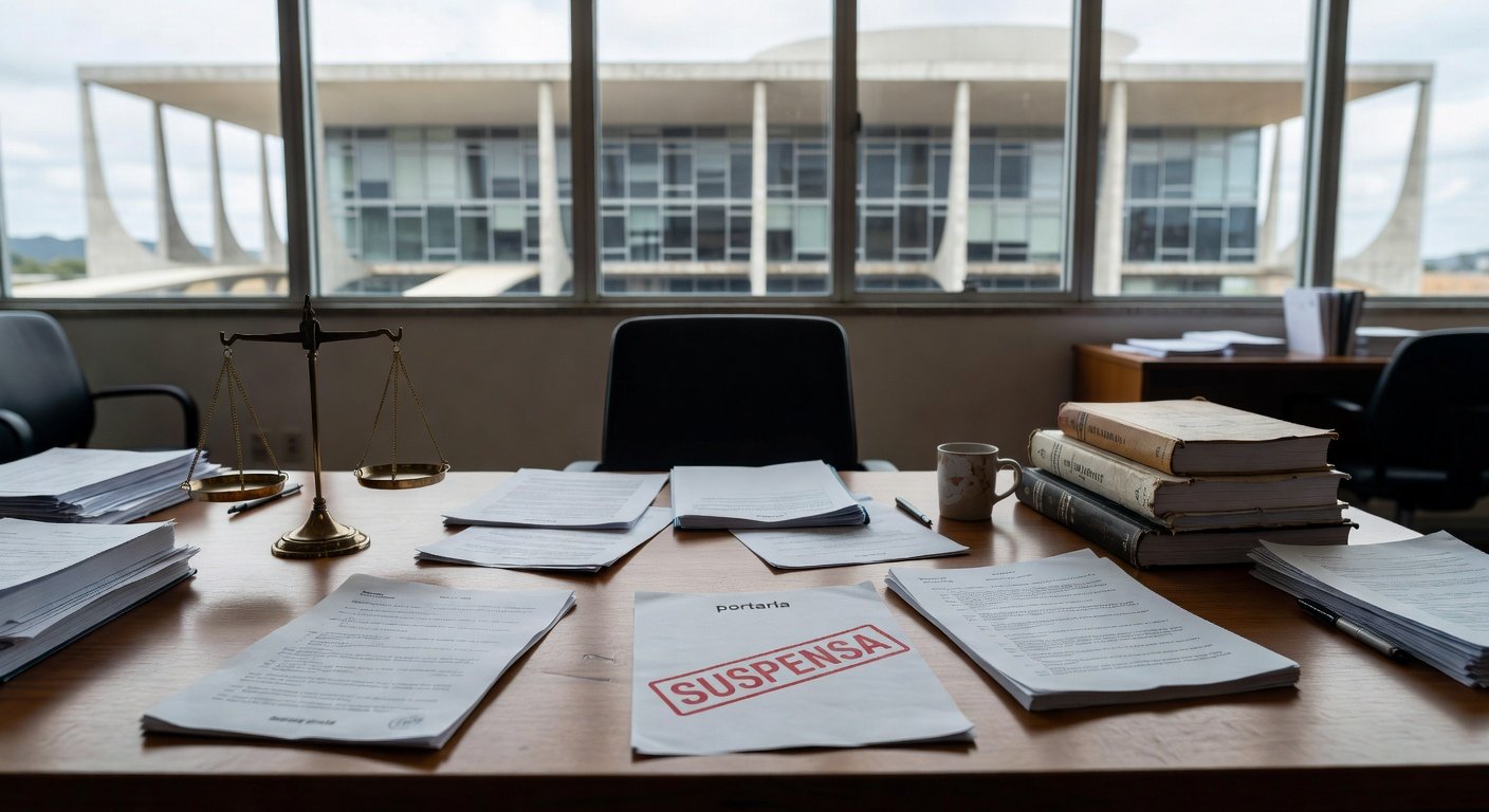 Mesa com documentos de portaria suspensa e símbolos de igualdade salarial para professores no DF, ao fundo arquitetura de Brasília.