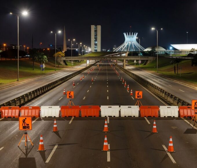 Via Buraco do Tatu em Brasília interditada à noite com cones e barreiras para manutenção de câmeras de monitoramento.