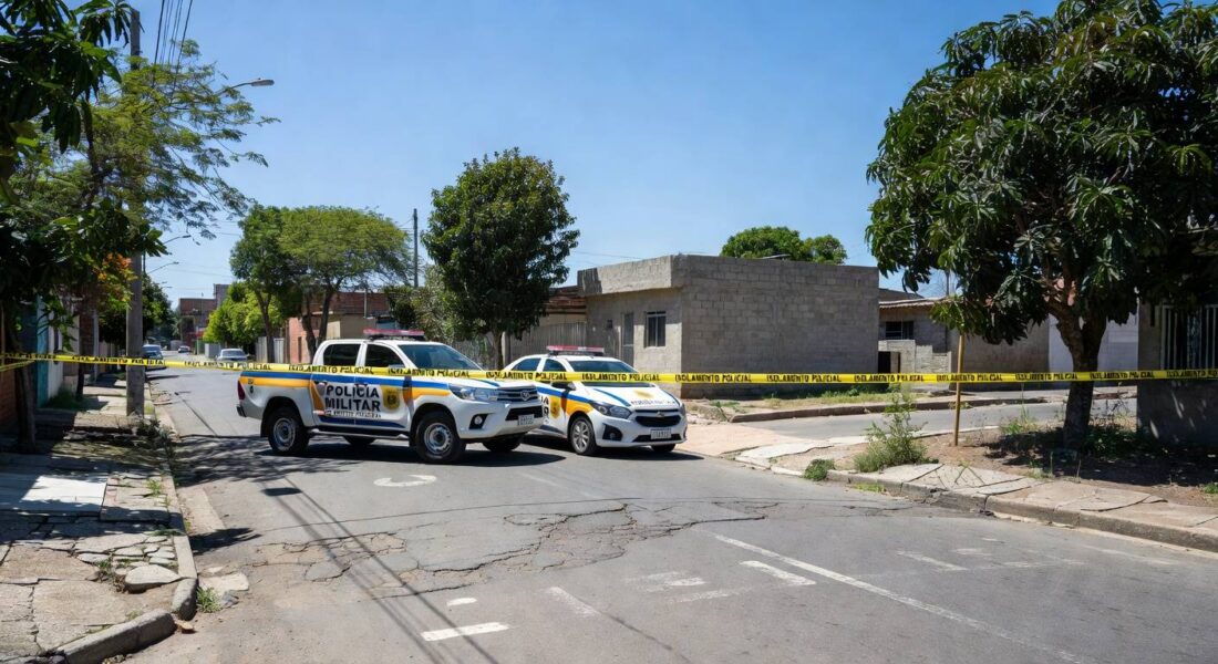 Viatura da PMDF em frente a casa em Ceilândia durante intervenção em caso de invasão armada e ameaças.