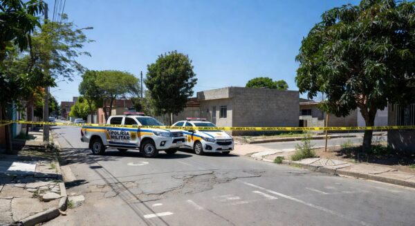 Viatura da PMDF em frente a casa em Ceilândia durante intervenção em caso de invasão armada e ameaças.