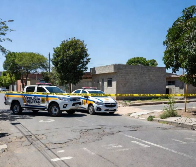 Viatura da PMDF em frente a casa em Ceilândia durante intervenção em caso de invasão armada e ameaças.