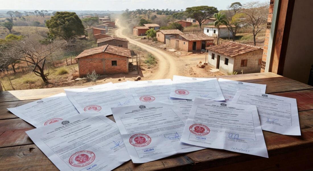 Paisagem rural em Planaltina com casas e documentos simbolizando regularização fundiária pelo GDF.