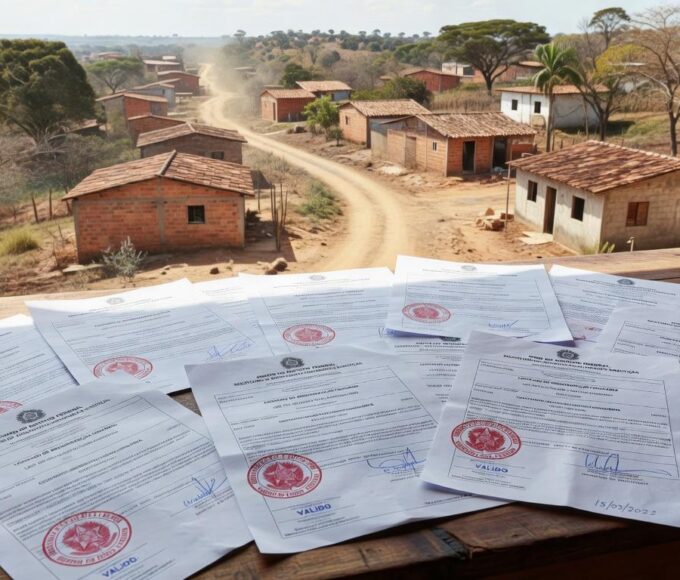 Paisagem rural em Planaltina com casas e documentos simbolizando regularização fundiária pelo GDF.