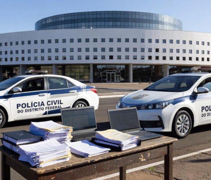 Viaturas da Polícia Civil em frente ao Banco de Brasília durante operação contra fraudes de R$ 10 milhões.
