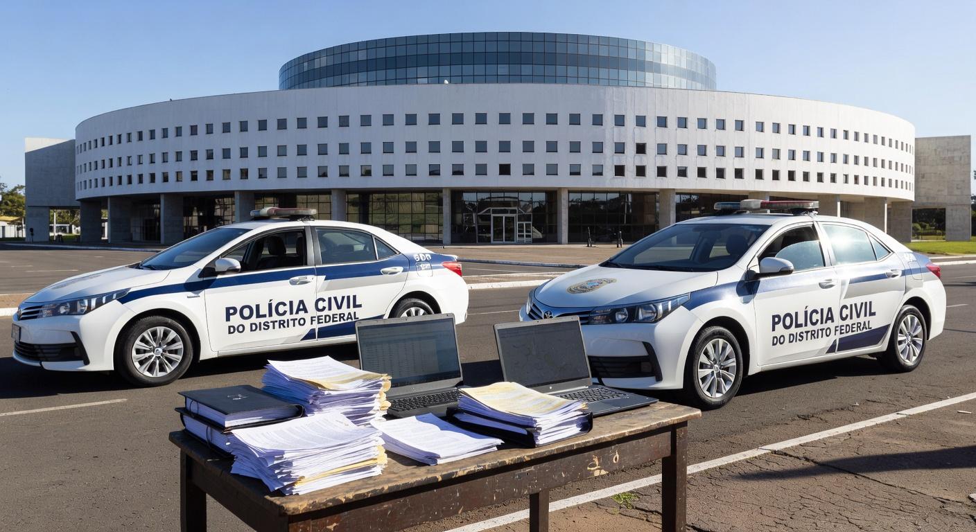 Viaturas da Polícia Civil em frente ao Banco de Brasília durante operação contra fraudes de R$ 10 milhões.