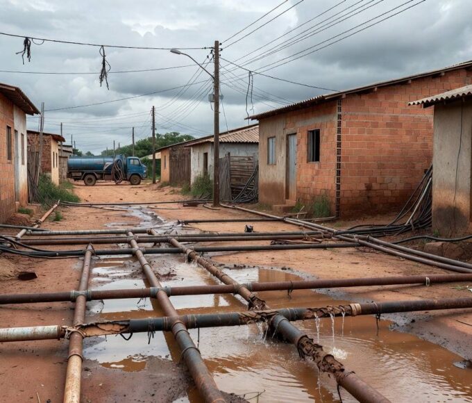 Ligações clandestinas de água em rua de Sucupira, com tubos improvisados e poças, expondo riscos graves no DF.