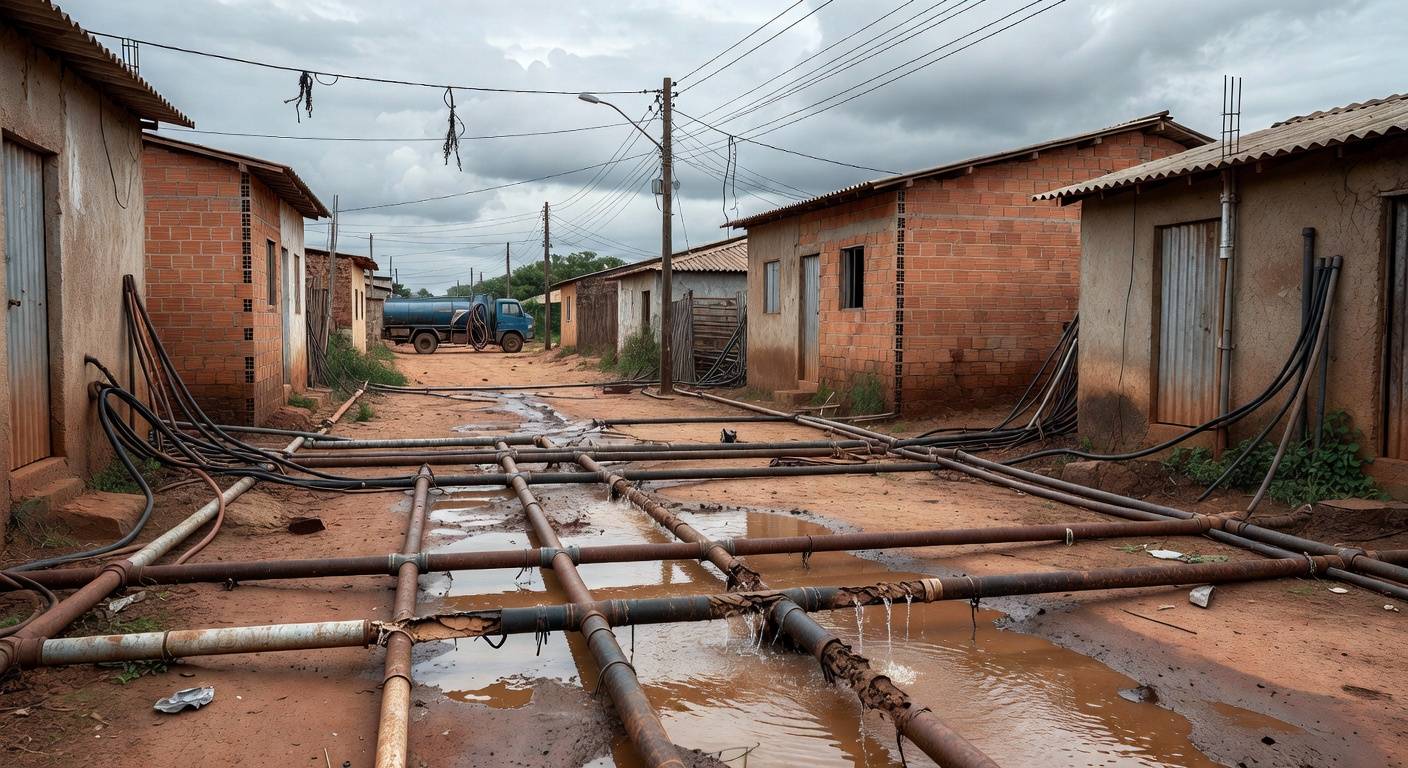 Ligações clandestinas de água em rua de Sucupira, com tubos improvisados e poças, expondo riscos graves no DF.