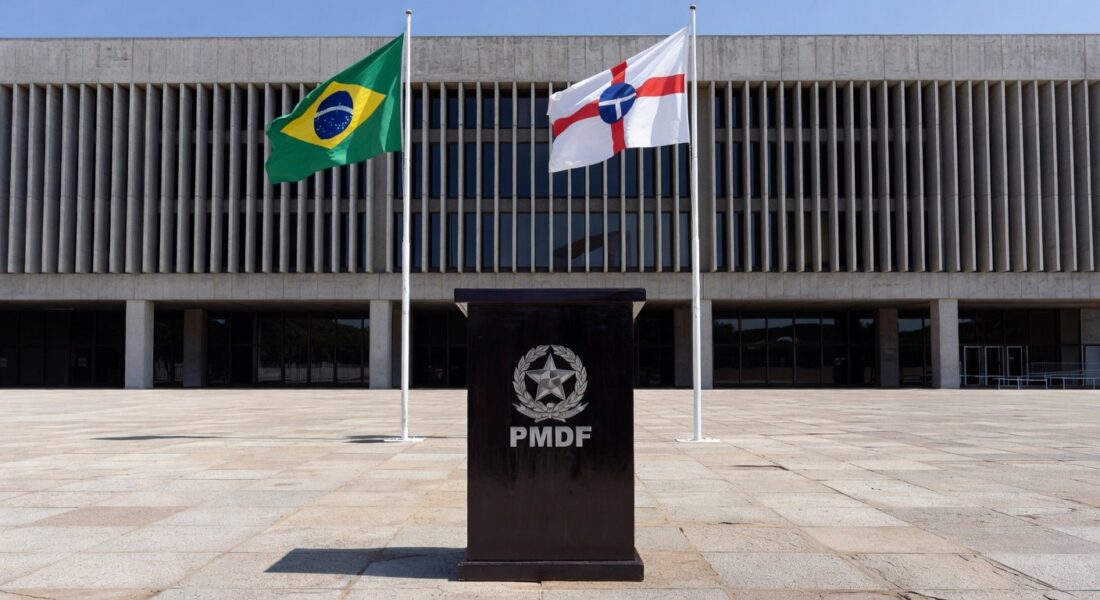 Cerimônia de homenagem com bandeiras e viaturas da PMDF em Brasília.