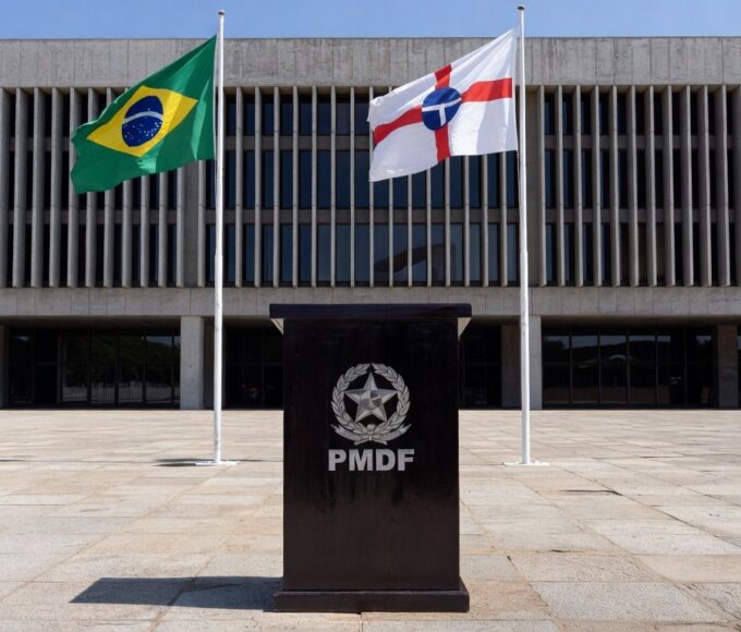 Cerimônia de homenagem com bandeiras e viaturas da PMDF em Brasília.